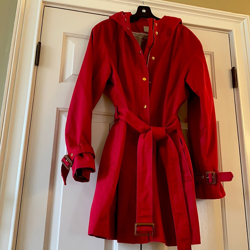 Red Trench Jacket with hood, belt and Gold details